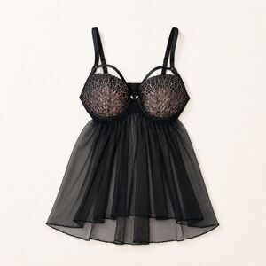 Victoria's Secret Black Lace Sheer Mesh Babydoll Lingerie 34D NWT